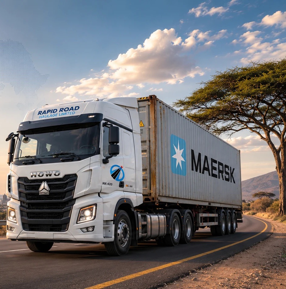 White Rapid Road Haulage HOWO truck carrying a container on an African highway at sunset